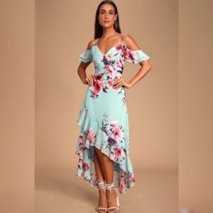 Lulu's High-Low Floral Dress in Aqua and Pink
